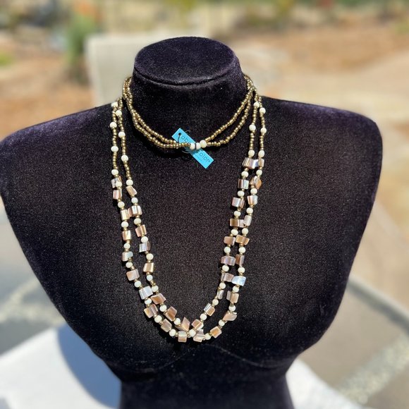 Shell & Bead Necklace Multi Strand Long Tan Ivory Layering Indo Ethnic Tribal - Picture 2 of 6